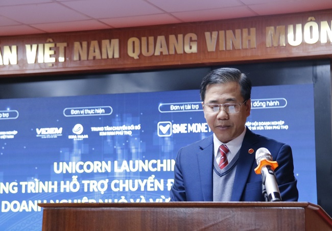 Ông Đàm Đắc Tiến - PCT thường trực kiêm TTK Hiệp hội DN NVV tỉnh Phú Thọ phát biểu khai mạc chương trình