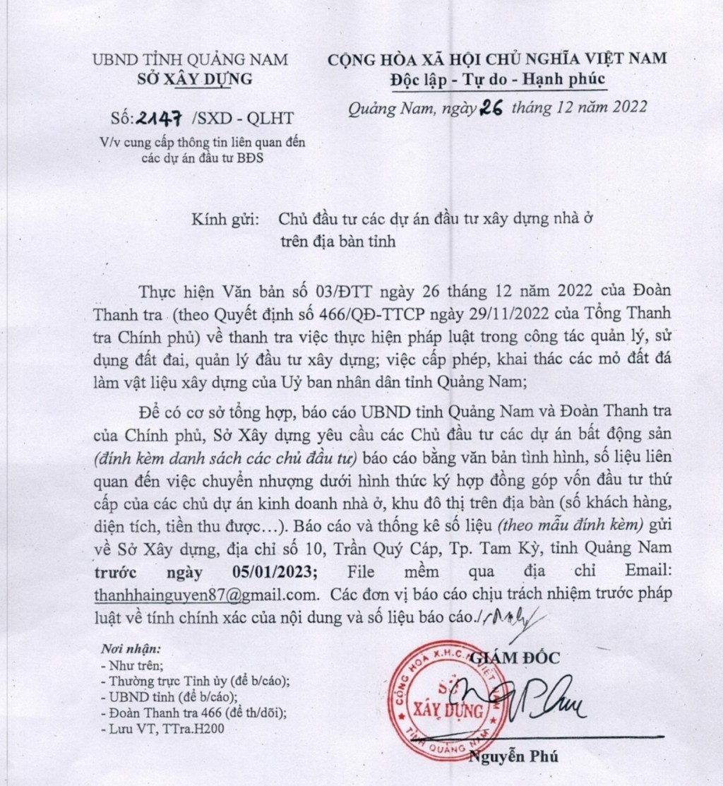 Sở Xây dựng tỉnh Quảng Nam vừa có Văn bản 2147/SXD-QLHT ngày 26/12/2022 yêu cầu các chủ đầu tư báo cáo chi tiết về số liệu liên quan đến việc chuyển nhượng dưới hình thức ký hợp đồng góp vốn đầu tư thứ cấp tại 104 dự án bất động sản.