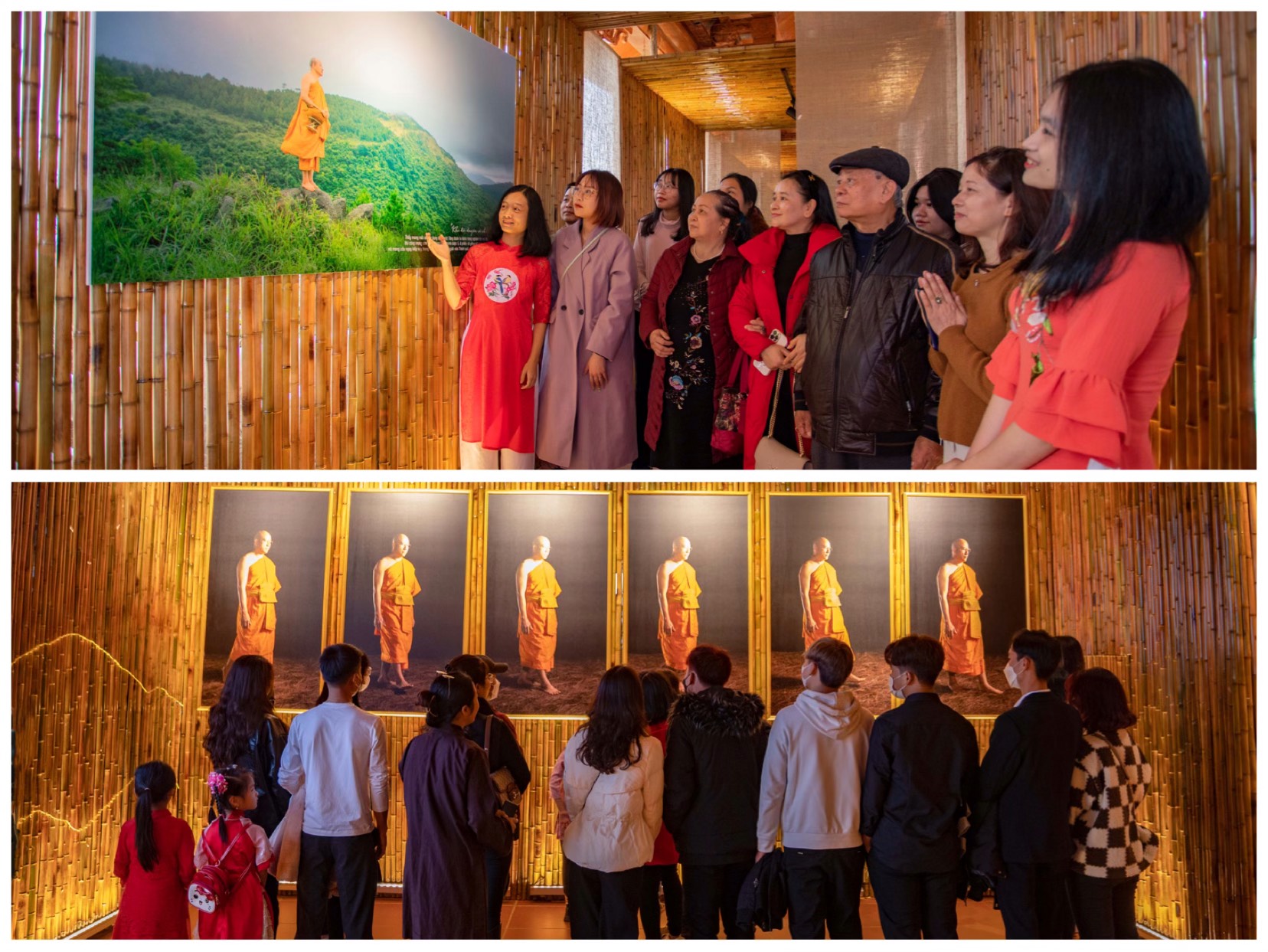 Du khách xem tại khu giới thiệu về đời sống và tu tập của chư Tăng chùa Ba Vàng trong rừng