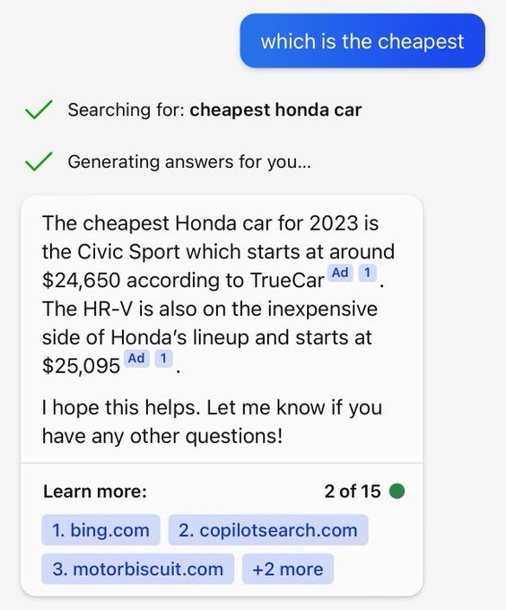 Bing hiển thị các nhãn quảng cáo “Ad” trong câu trả lời