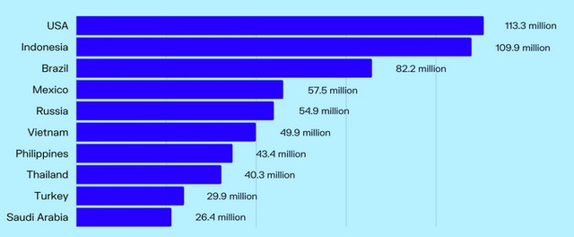 Top 10 quốc gia có lượng người dùng TikTok nhiều nhất thế giới (Nguồn: DataReportal).