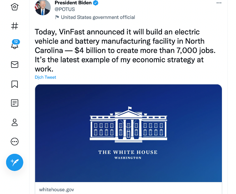 President Joe Biden personally announced the project to build a VinFast factory in North Carolina on his personal Twitter and the White House website.