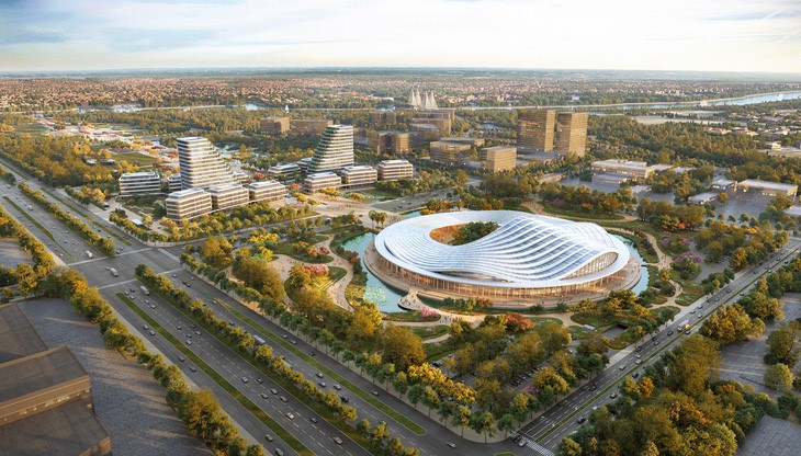 The perspective of the Convention and Performance Center of Hai Phong City with more than VND 2,300 billion bearing the shape of a drop of water falling on the water’s surface.