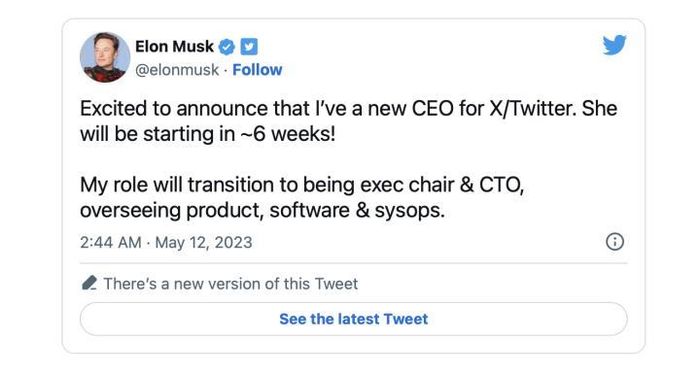 Tỷ phú Elon Musk thông báo trên Twitter đã tìm được giám đốc điều hành mới cho mạng xã hội này.