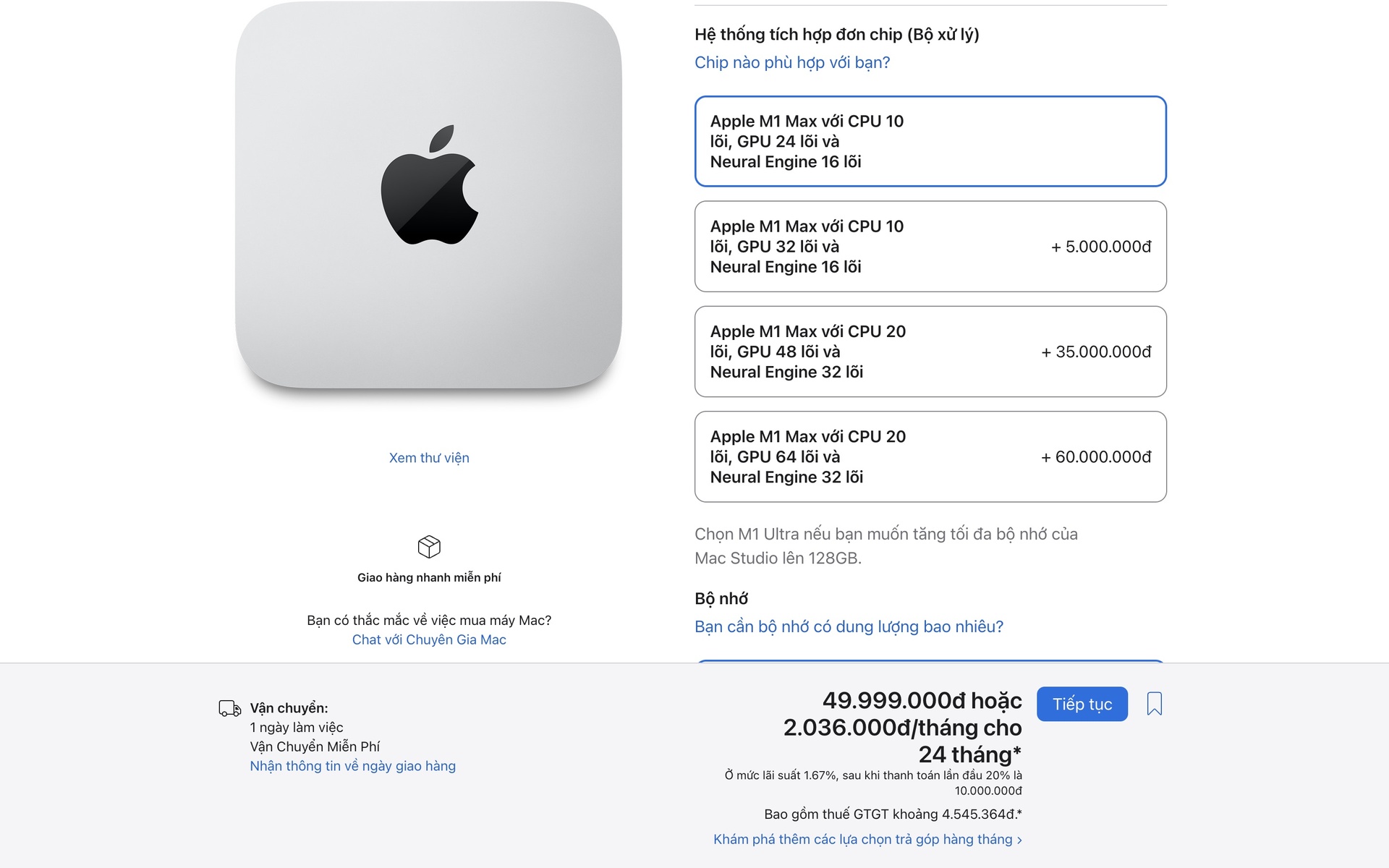Mẫu Mac Studio hết hàng tại đại lý Việt Nam nhưng sẵn sàng để giao khi mua qua Apple Store