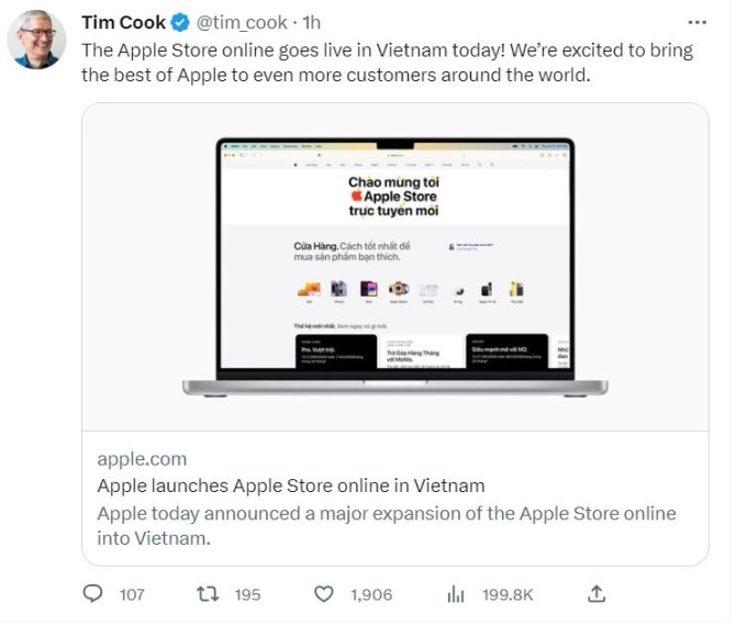 Tim Cook introduces a Vietnamese online store on his website. Screenshots.