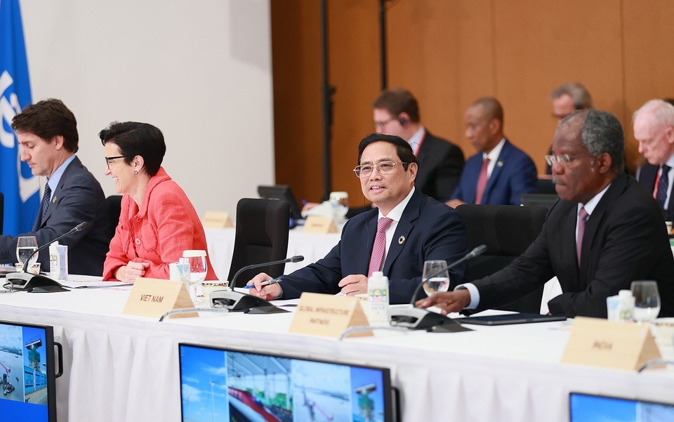 Thủ tướng Phạm Minh Chính phát biểu tại sự kiện về Sáng kiến Đối tác Cơ sở hạ tầng và đầu tư toàn cầu (PGII), trong khuôn khổ Hội nghị thượng đỉnh G7 mở rộng. Ảnh: TTXVN.