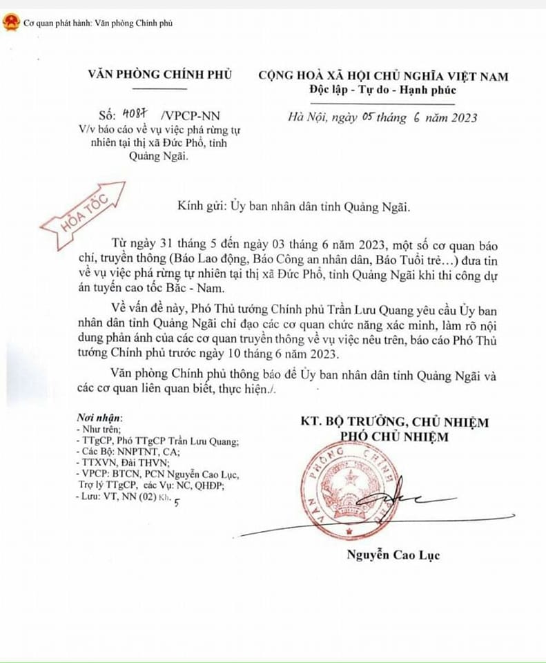 Về vấn đề này, ngày 5-6, Văn phòng Chính phủ có văn bản đến UBND tỉnh Quảng Ngãi yêu cầu xác minh làm rõ nội dung phản ánh của các cơ quan báo chí.