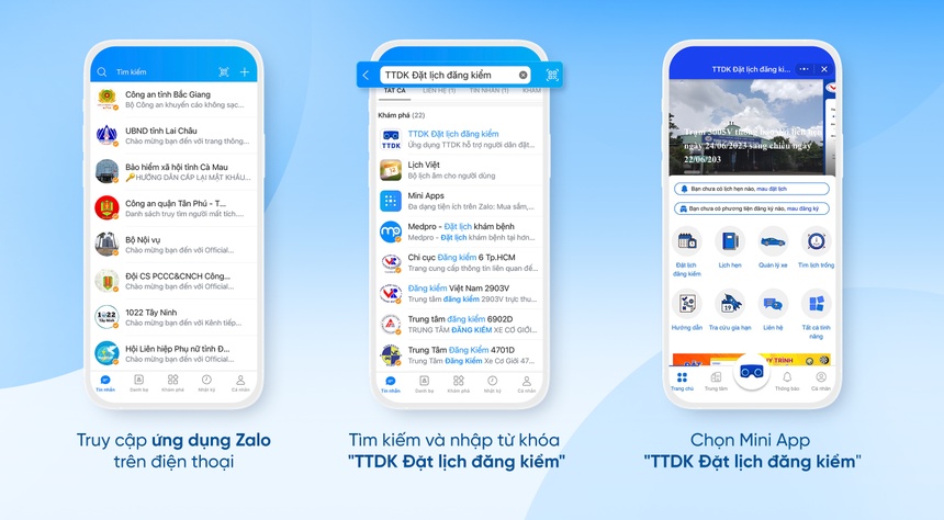 Người dùng dễ dàng truy cập mini app “TTDK Đặt lịch đăng kiểm” trên Zalo