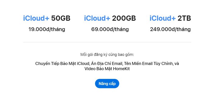 Mức giá mới đối với các dịch vụ iCloud+ tại Việt Nam. (Ảnh: Apple).