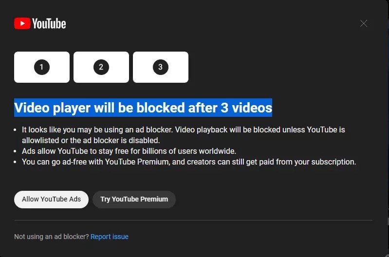 Thông báo của YouTube cảnh báo tắt tính năng phát video nếu sử dụng chặn quảng cáo. Ảnh: Reddit.