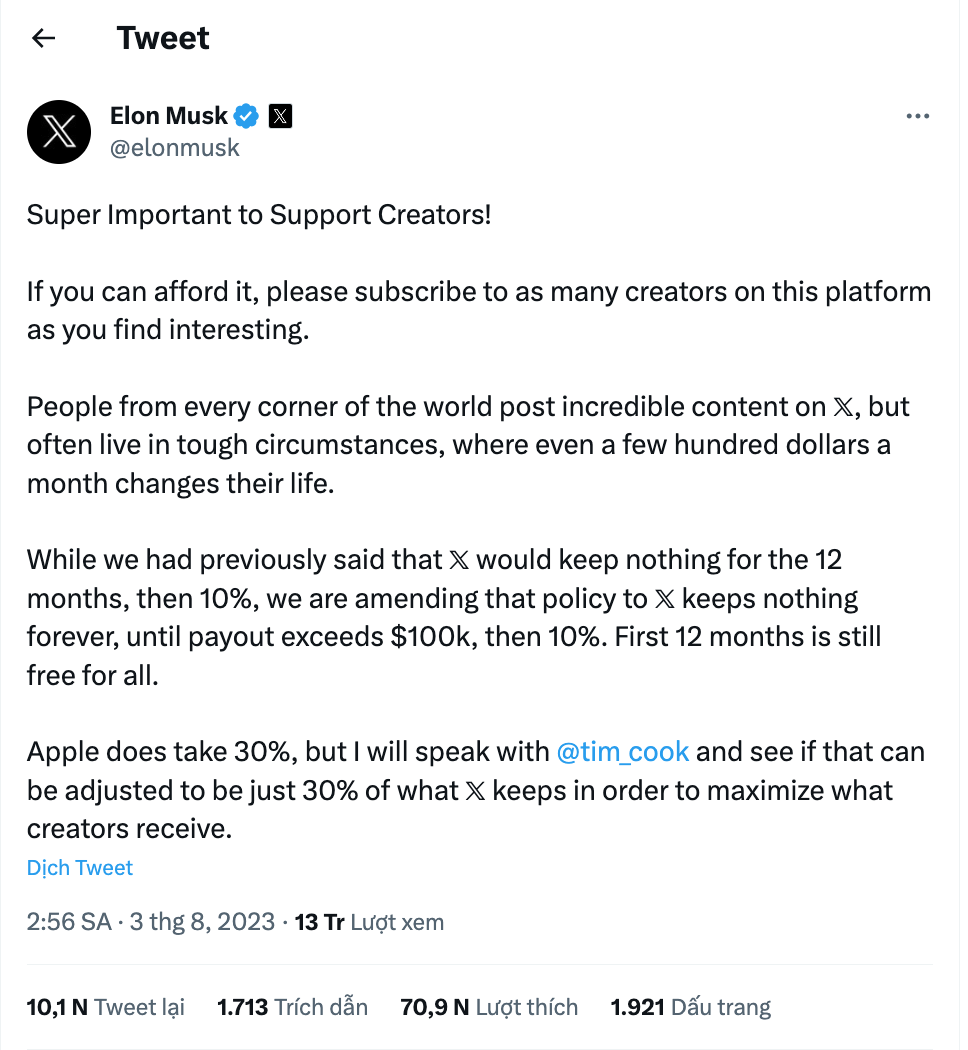 Tweet của Elon Musk về vấn đề giảm tiền hoa hồng trên Apple Store