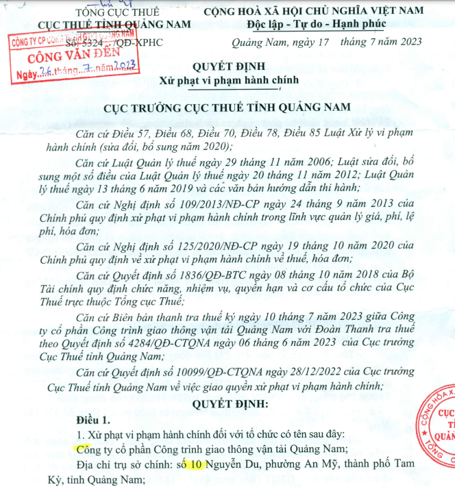 Giao thông Vận tải Quảng Nam - QTC bị phạt do sai phạm về thuế