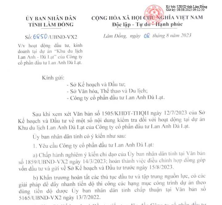 Văn bản số 6850/UBND-VX2 ngày 8/8/2023 gửi  UBND tỉnh Lâm Đồng