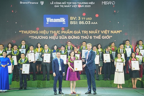 Bà Bùi Thị Hương, Giám đốc Điều hành, đại diện Vinamilk đón nhận các chứng nhận từ Brand Finance (Ảnh: Mibrand)