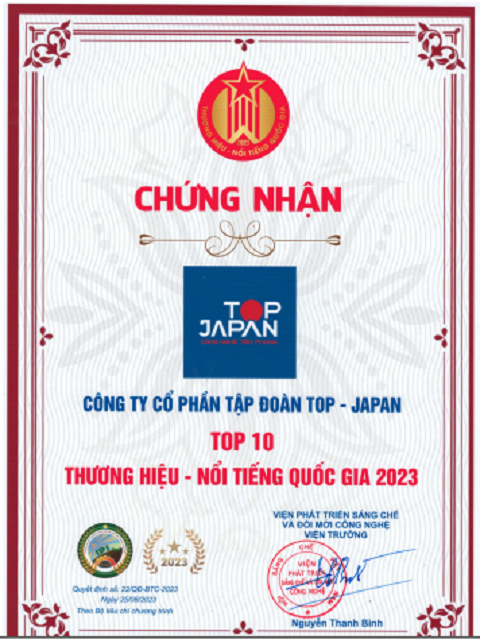 Certificate of Top 10 Vietnam National Famous Brands in 2023.