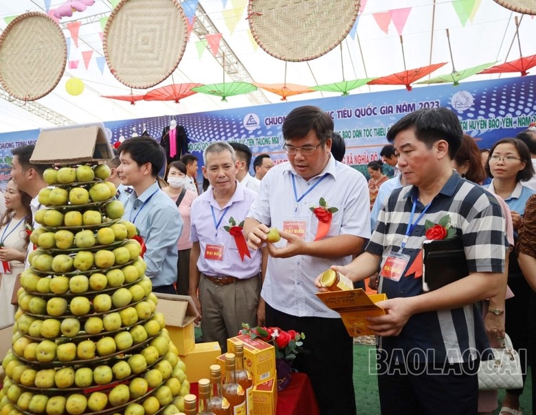 Delegates visit the product display booths at the fair. Lao Cai Newspaper's photo.