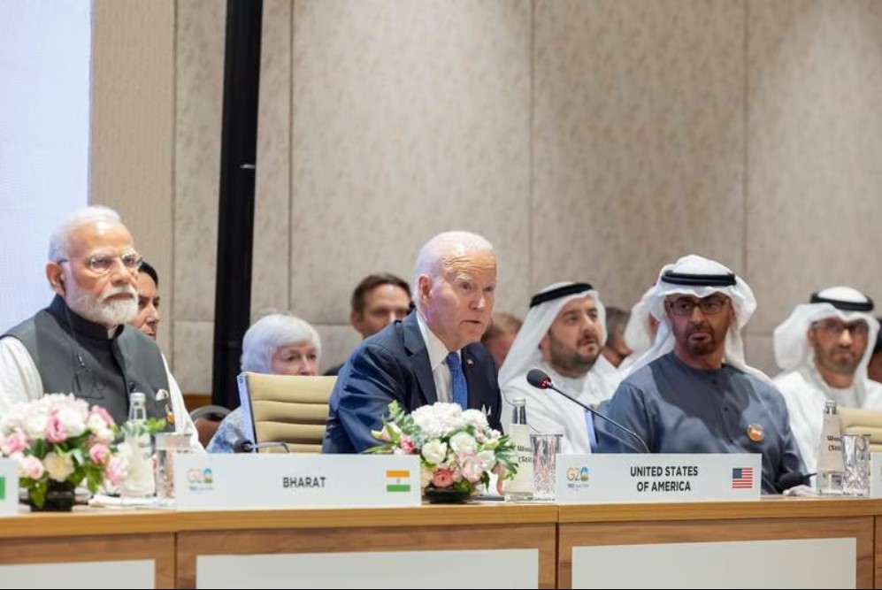 Tổng thống Sheikh Mohamed cùng Tổng thống Mỹ Joe Biden và Thủ tướng Ấn Độ Narendra Modi tại hội nghị thượng đỉnh G20, nơi một hành lang kinh tế mới được công bố. Ryan Carter / Tòa án Tổng thống UAE