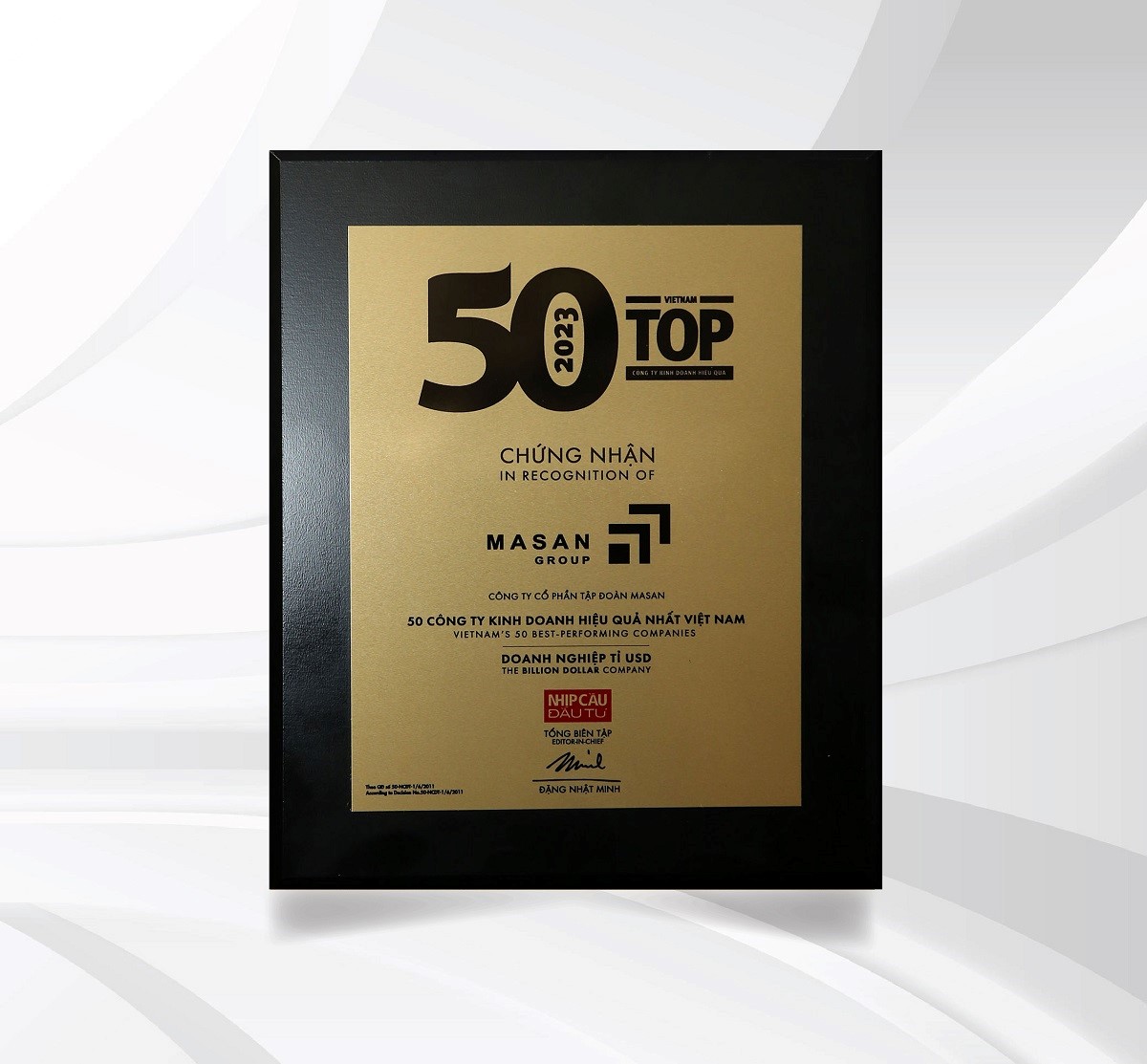 Certificate honoring Masan in the Top 50 most effective businesses in Vietnam.