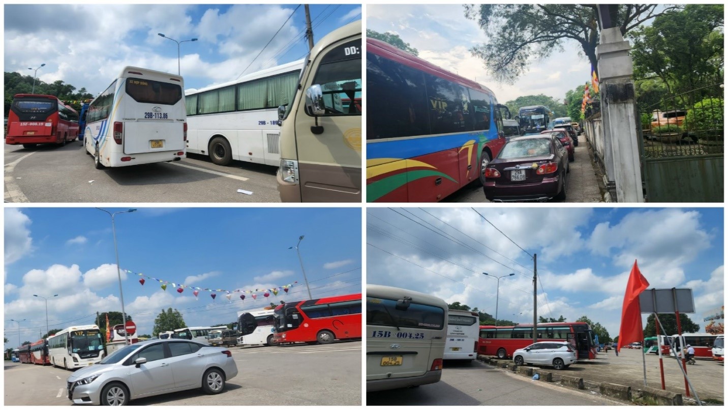 According to preliminary statistics of Hung Long commune leaders, there are 350 passenger cars with 16 seats or more and 450 cars from out of province arriving, causing the old car parks to be overloaded.