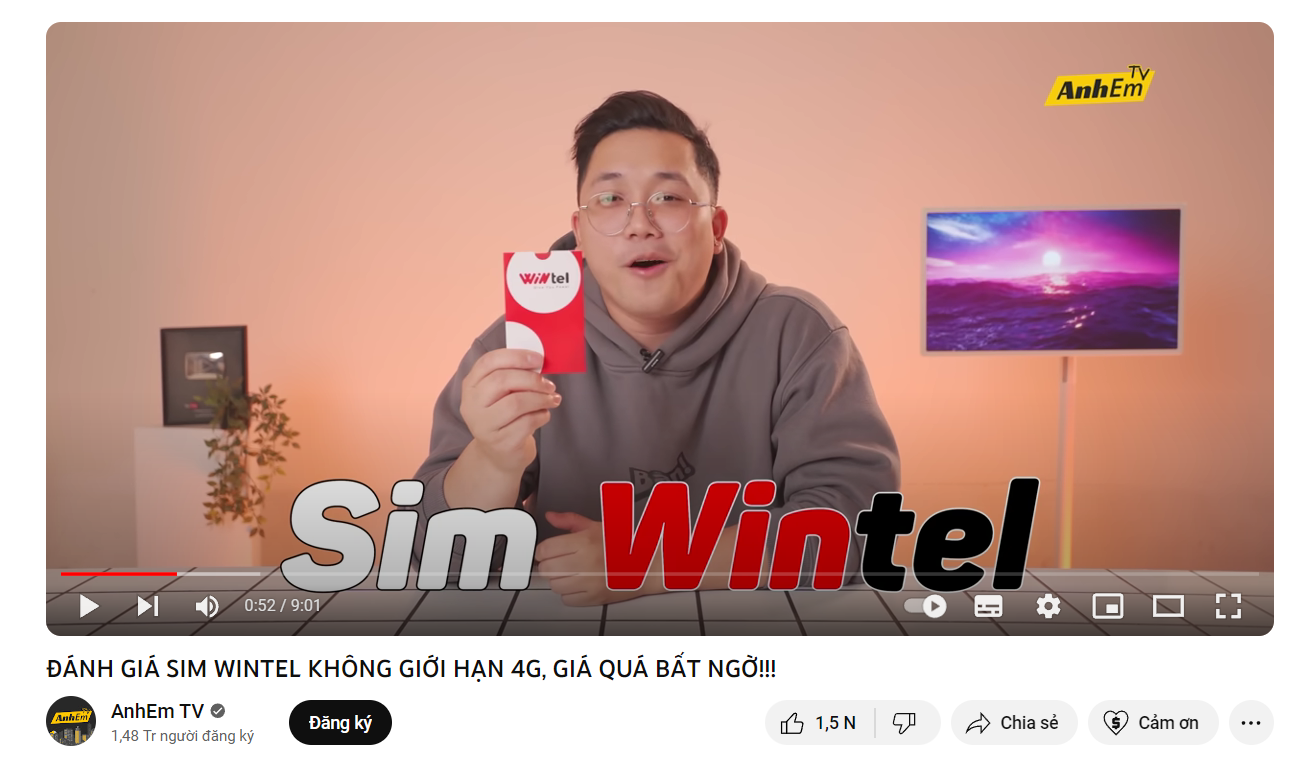 (Kênh Youtube công nghệ AnhEmTV đánh giá về SIM và gói cước Wintel)