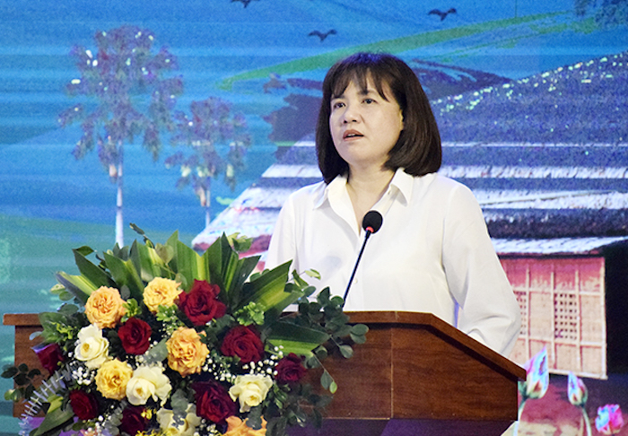 Bà Nguyễn Thị Mai Anh - Phó Giám đốc Trung tâm Xúc tiến Đầu tư, Thương mại và Du lịch TP. Hà Nội phát biểu tại Hội nghị