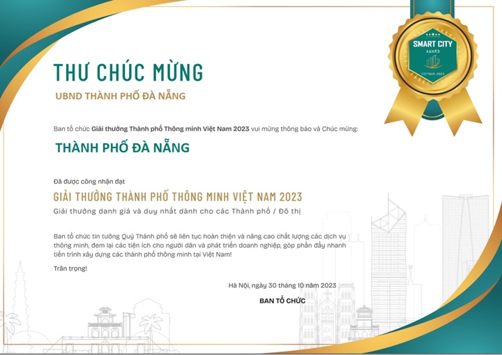 Thư chúc mừng TP Đà Nẵng của Ban tổ chức Giải thưởng “Thành phố thông minh Việt Nam 2023”. Ảnh: BTC
