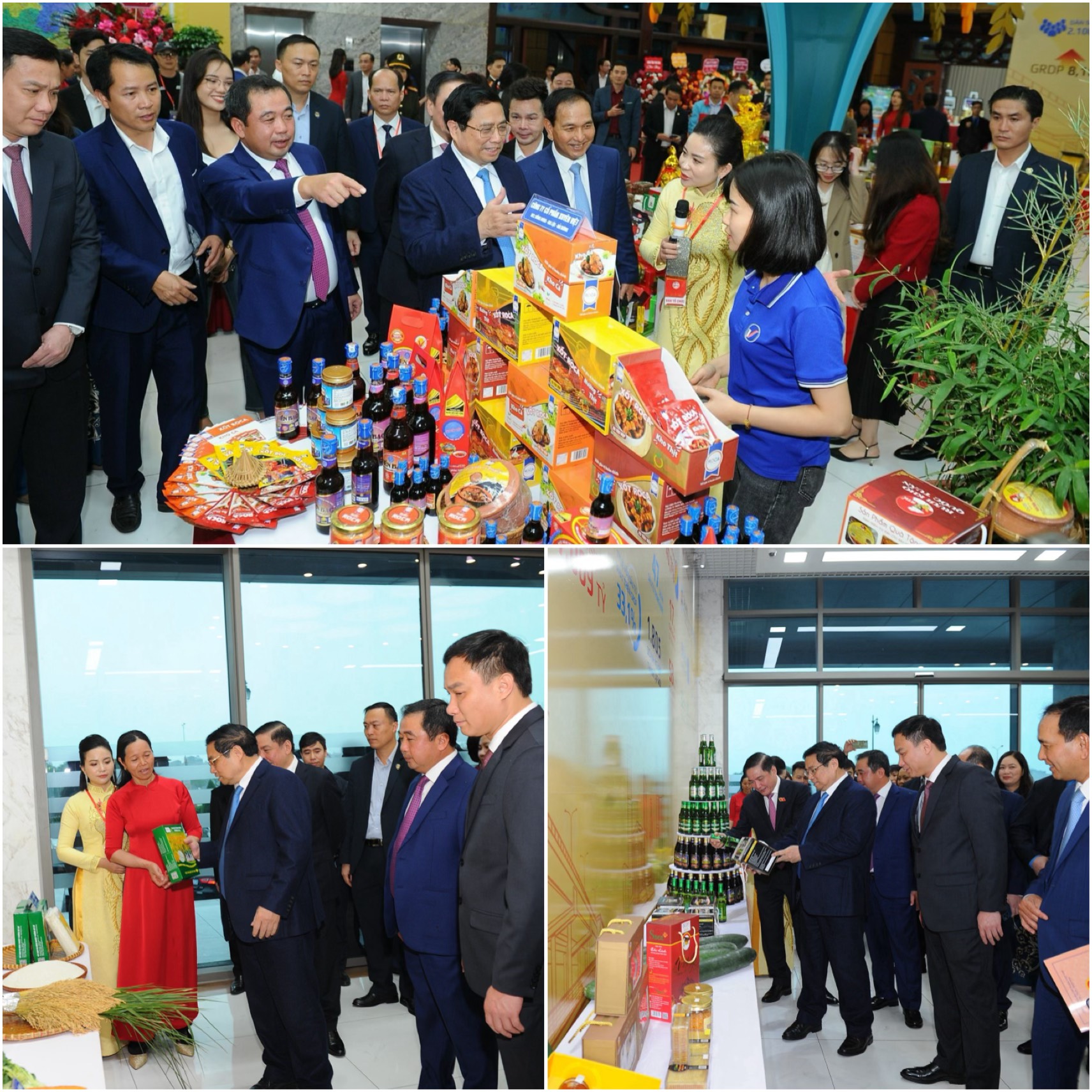 Thủ tướng Chính phủ Phạm Minh Chính và các lãnh đạo đi tham quan các gian hàng sản phẩm tiêu biểu của tỉnh Hải Dương