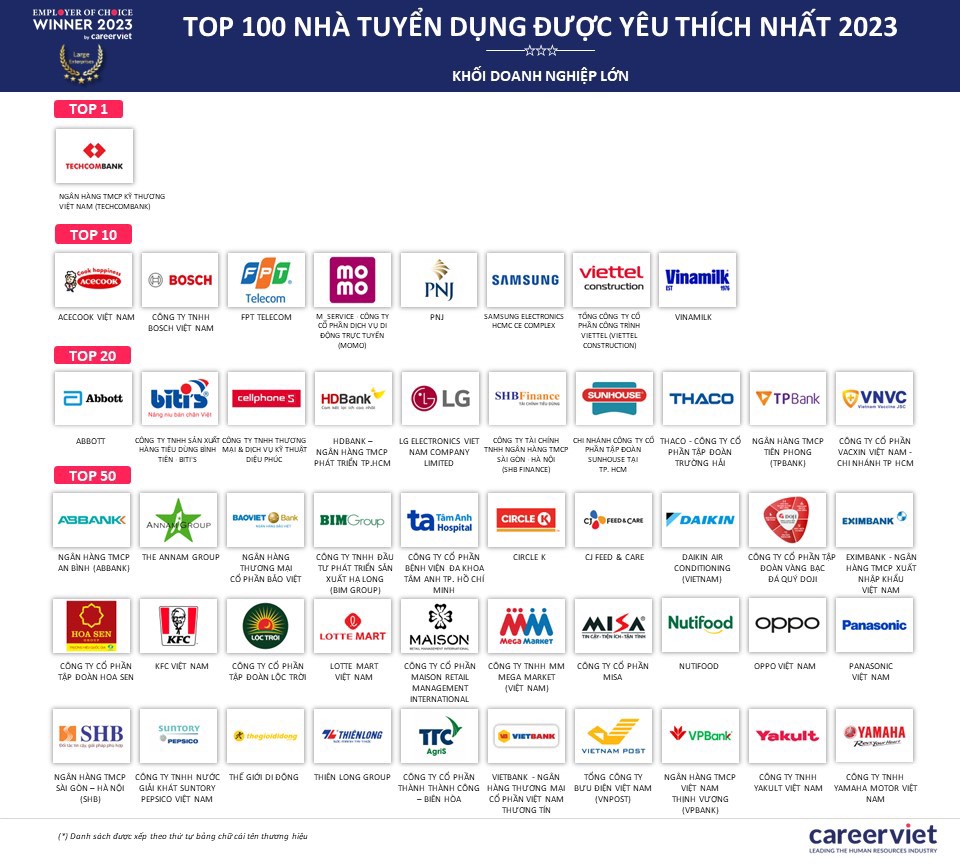 Đoạt vị trí cao nhất khối doanh nghiệp lớn thuộc về Ngân hàng TMCP Kỹ thương Việt Nam (Techcombank)