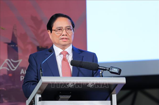 Prime Minister Pham Minh Chinh speaks at the Vietnam - Australia Business Forum. (Photo: Duong Giang/Vietnam News Agency)
