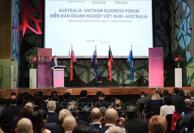 Prime Minister Pham Minh Chinh speaks at the Vietnam - Australia Business Forum. Photo: Duong Giang/Vietnam News Agency