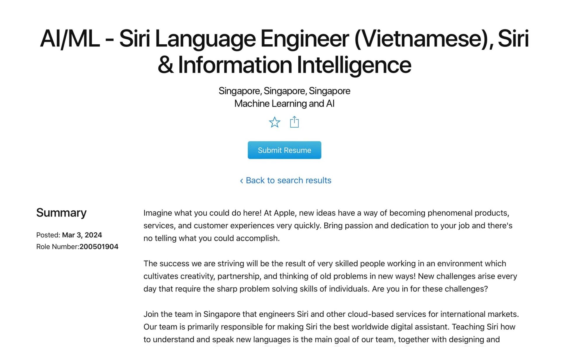 Bài đăng tin tuyển dụng kỹ sư phát triển Siri tiếng Việt của Apple