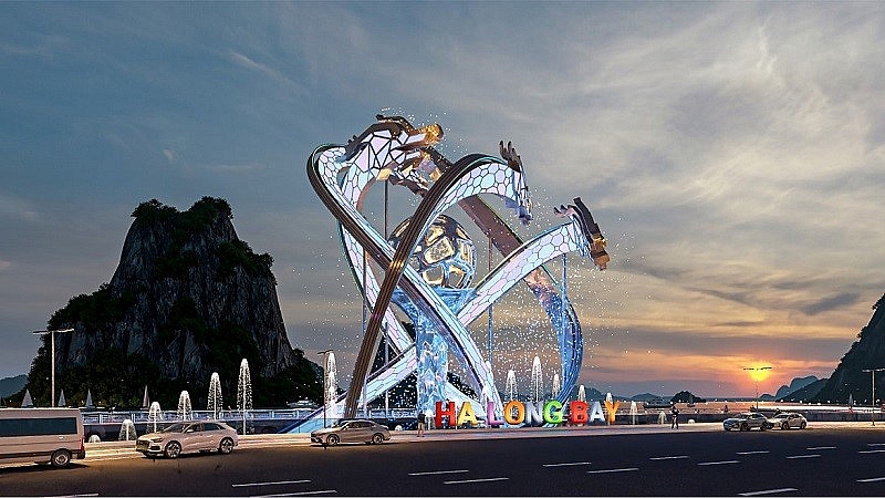 Phối cảnh phương án 4: HaLongBay – Vùng đất rồng, với hình ảnh biểu tượng được cách điệu bởi 5 con rồng, công trình dự kiến cao 30m, rộng 42m.