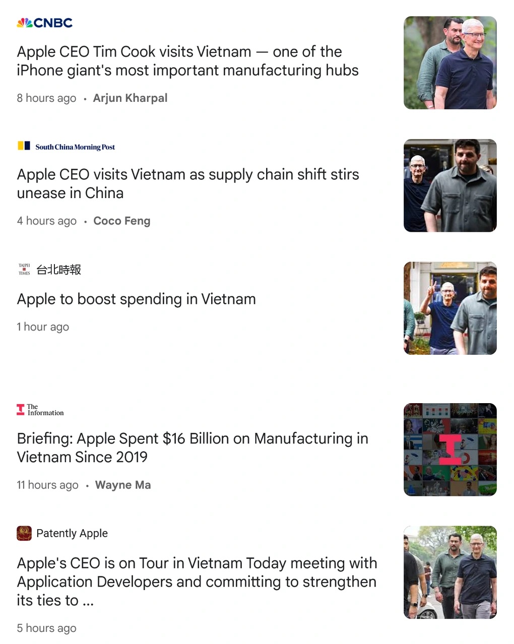 Nhiều tờ báo quốc tế đưa tin về chuyến thăm Việt Nam của CEO Apple Tim Cook. Ảnh chụp màn hình.