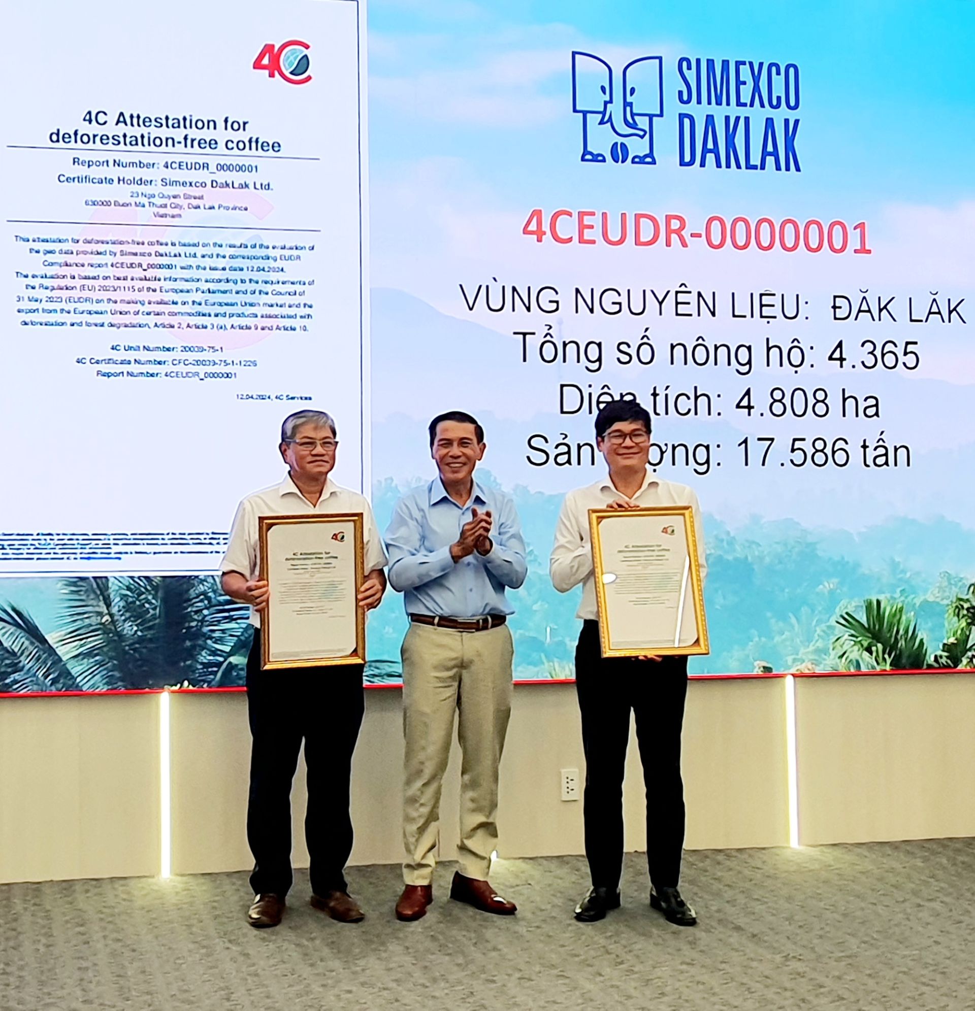 Simexco Dak Lak is the first unit to be recognised as having the world’s first two coffee raw material areas that meet EUDR standards