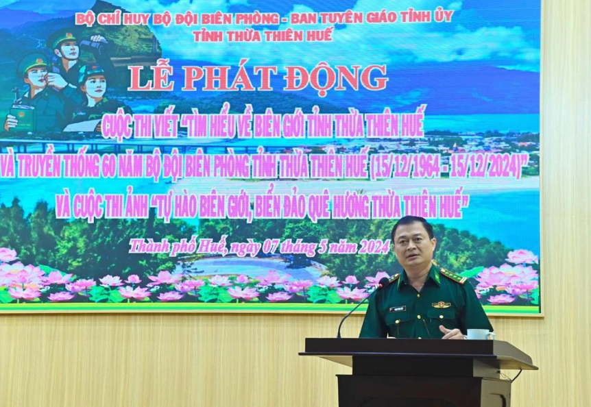 Đại tá Phạm Tùng Lâm (Bí thư Đảng ủy, Chính ủy BĐBP Thừa Thiên Huế) phát biểu tại buổi Lễ phát động vào sáng hôm nay