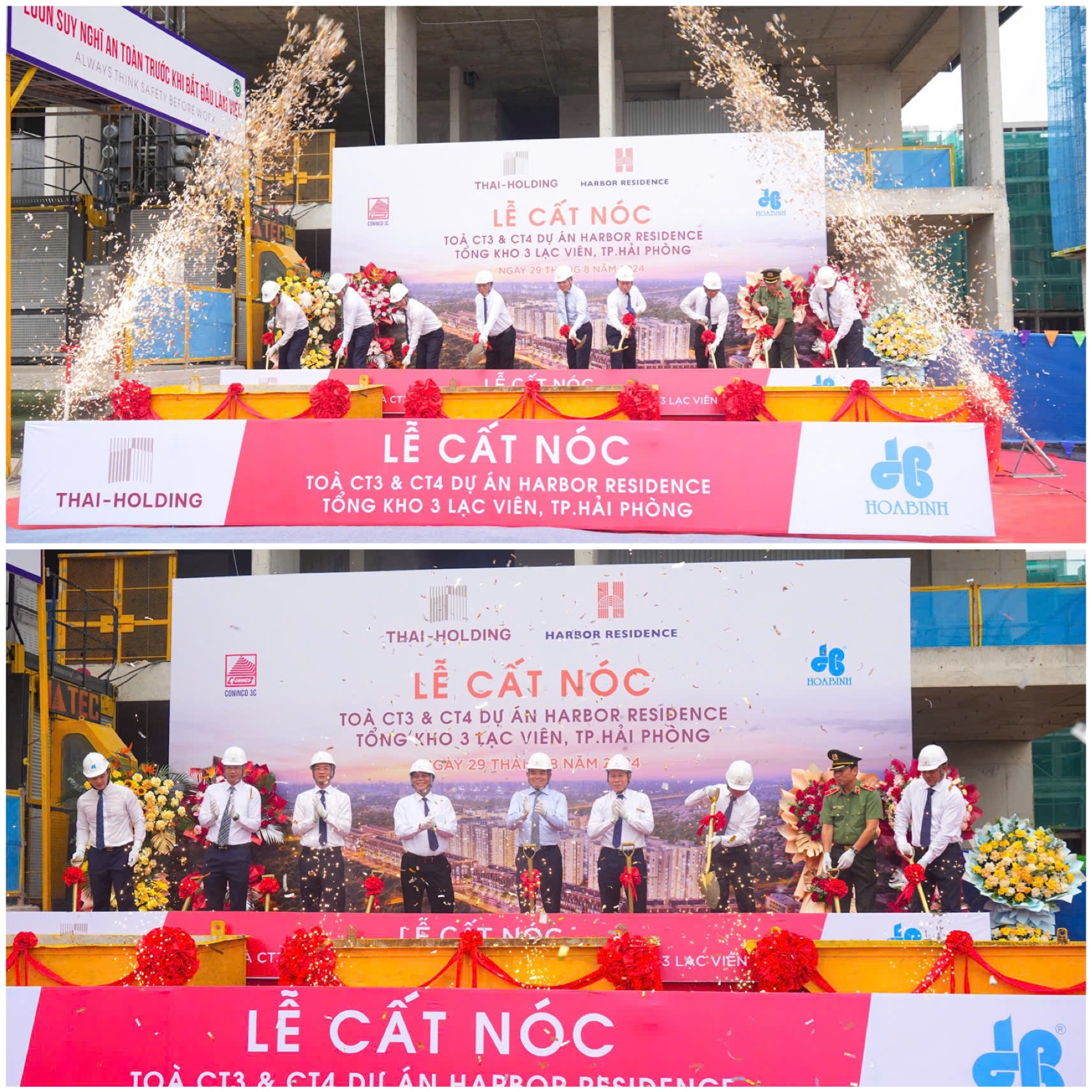 Lễ cất nóc tòa nhà Chung cư CT 3A và CT 4B thuộc Dự án Khu nhà ở xã hội tại Tổng kho 3 Lạc Viên (số 142 Lê Lai), quận Ngô Quyền.