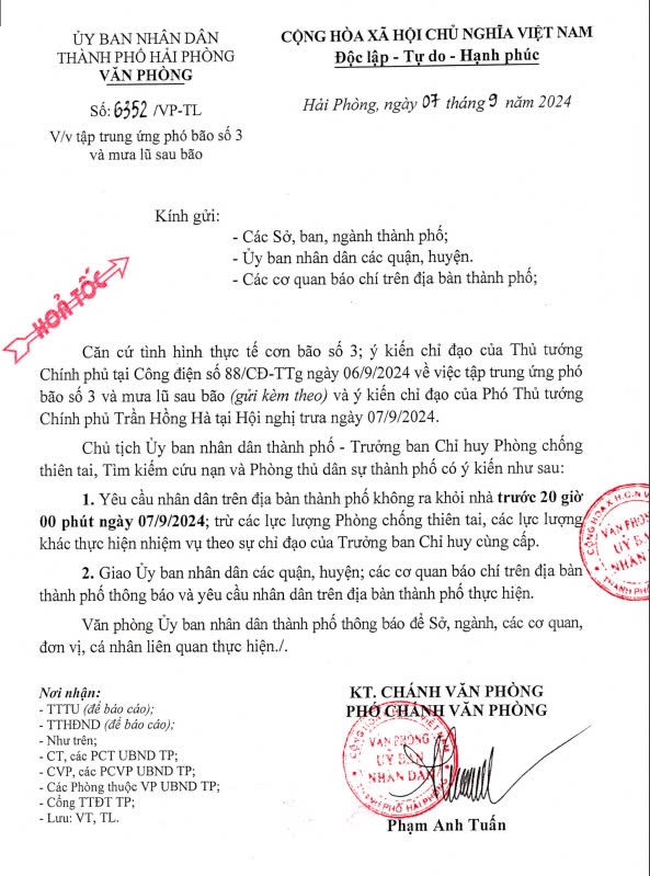 Để chủ động phòng, chống bão, hạn chế thấp nhất thiệt hại về người và tài sản, UBND TP Hải Phòng vừa ra công văn số 6352/VP-TL về việc tập trung ứng phó bão số 3 và mưa lũ sau bão.