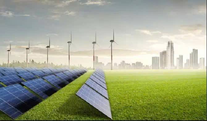 Solar and wind power systems are being developed near modern urban areas, aiming toward a green city model. Solar and wind power systems are being developed near modern urban areas, aiming toward a green city model.