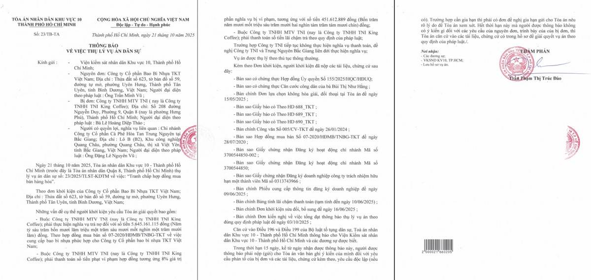 The People’s Court of Zone 10, Ho Chi Minh City, has officially accepted jurisdiction over a civil case involving a contractual dispute over the sale of goods between TKT Vietnam Plastic Packaging Joint Stock Company and TNI King Coffee Co., Ltd.