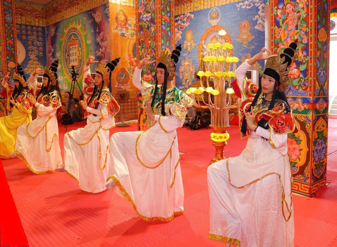 Sixteen Dakinis Performing the Sacred Mudra Offering Dance at the Opening of the Grand Prayer of Gratitude during the Vu Lan Festival at T&acirc;y Thi&ecirc;n Mandala Great Stupa